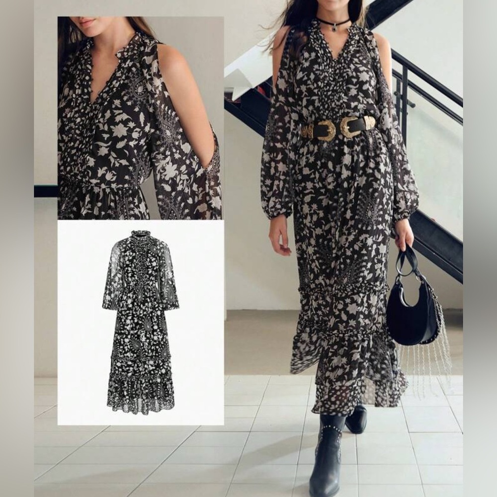 NWT Motf Studio Shein Cold Shoulder Floral Lantern Sleeve Ruffle Hem Dress XS